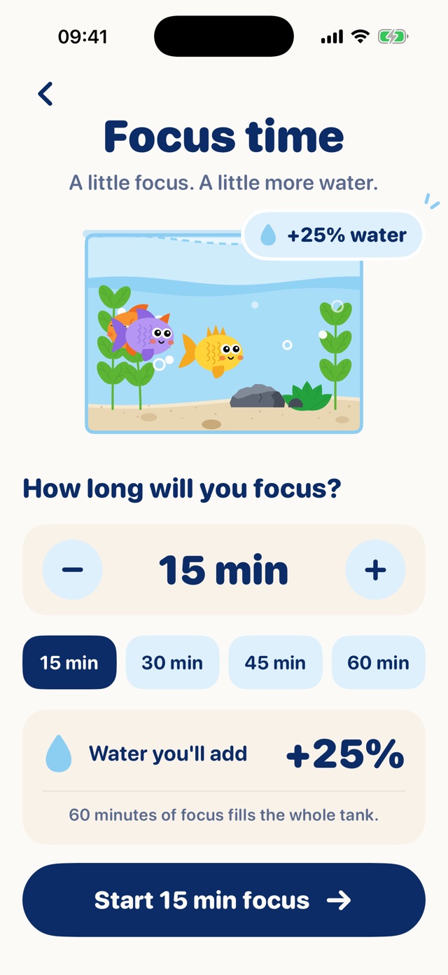 Focus time screen: pick 15 to 60 minutes and see how much water you'll add.